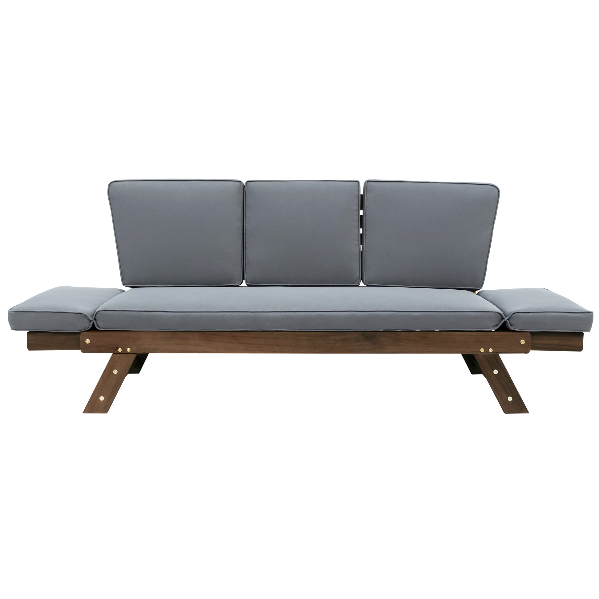 Outdoor Adjustable Patio Wooden Daybed Sofa Chaise Lounge With Cushions For Small Places, Brown Finish Gray Cushion Yes Complete Patio Set Gray Water Resistant Frame Water Resistant Cushion Garden & Outdoor Casual Sofa Seating Groups Foam Solid Wood