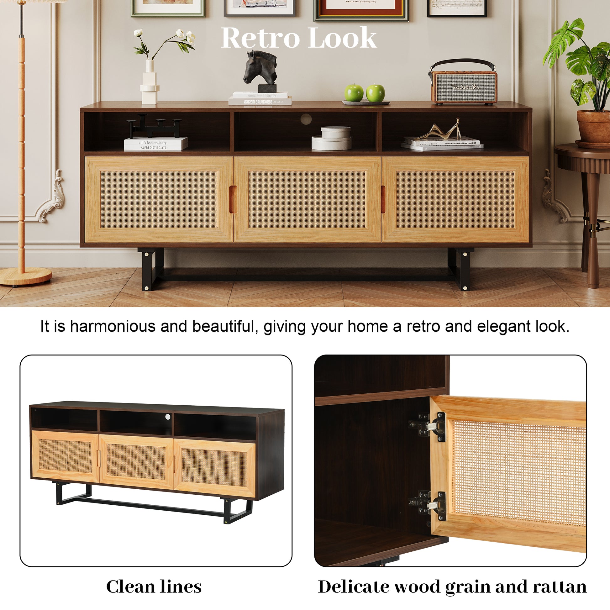 Retro Rattan Tv Stand 3 Door Media Console With Open Shelves For Tv Stand Under 75'' Walnut Walnut Mdf