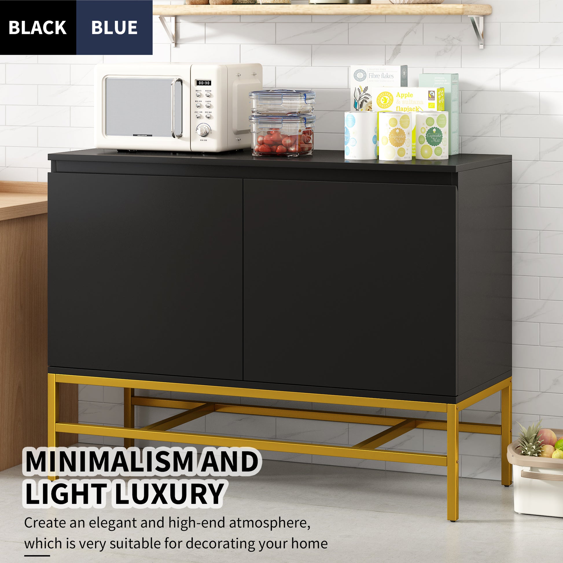 Minimalist & Luxury Cabinet Two Door Sideboard With Gold Metal Legs For Living Room, Dining Room Black Black Particle Board