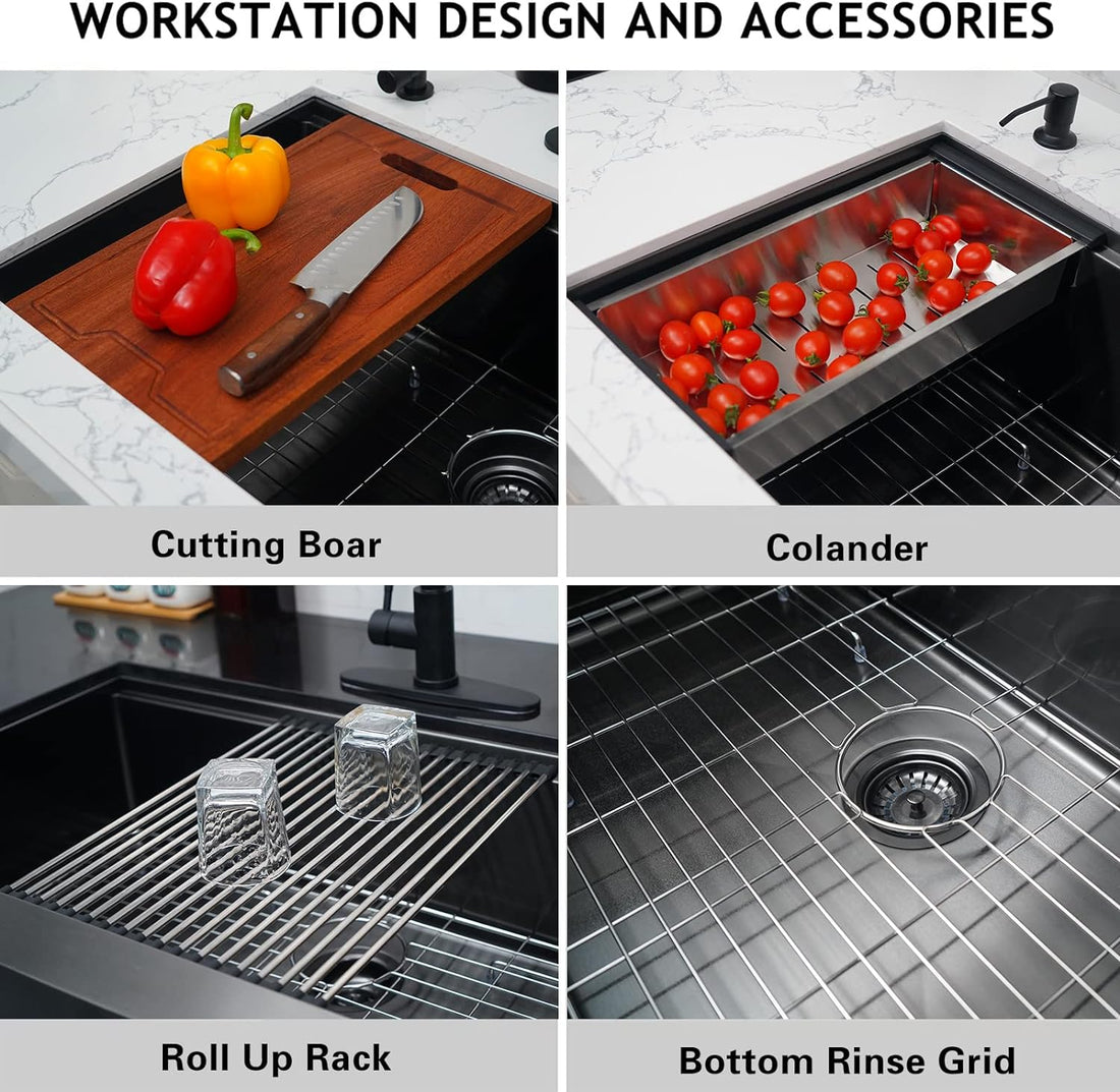 36 Inch Apron Front Workstation Farmhouse Sink 16 Guage Gunmetal Matte Black Stainless Steel Kitchen Sink Single Bowl Farm Sink Gunmetal Black Stainless Steel