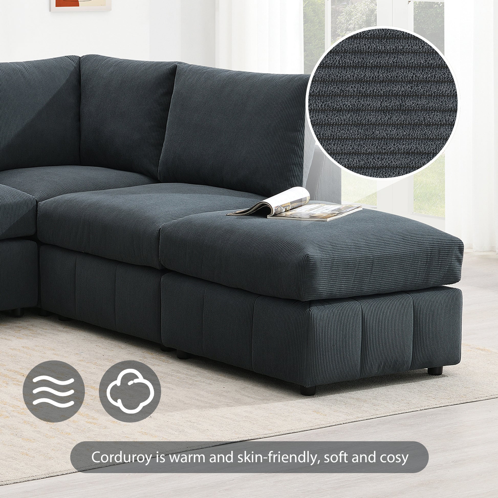 93"Modern Sectional Sofa With Vertical Stripes,5 Seat Armless Couch Set With Convertible Ottomans,Various Combinations,L Shape Indoor Furniture For Living Room,Apartment, 2 Colors Dark Grey Corduroy 5 Seat