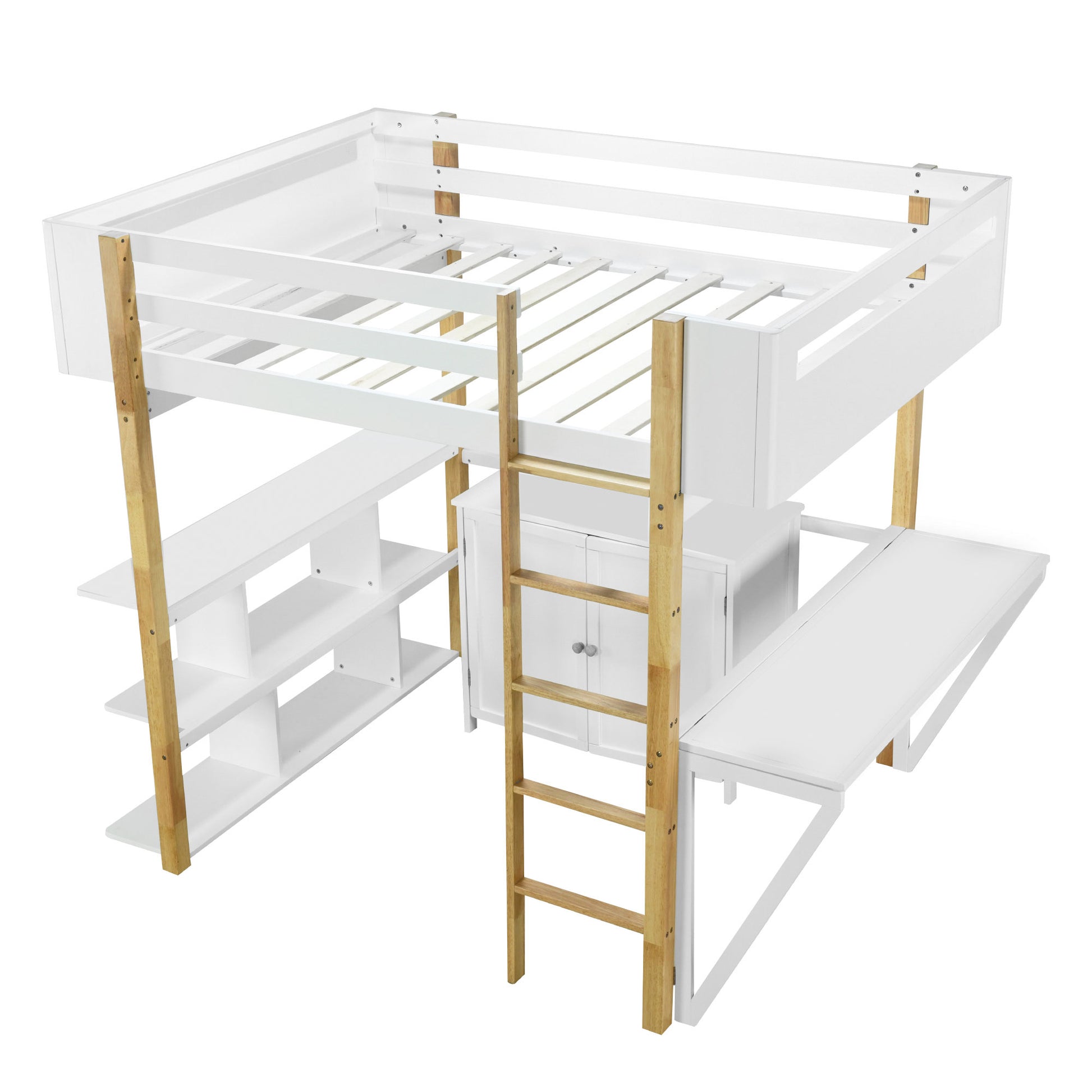 Full Size Wood Loft Bed With Built In Storage Cabinet And Cubes, Foldable Desk, White White Solid Wood Mdf