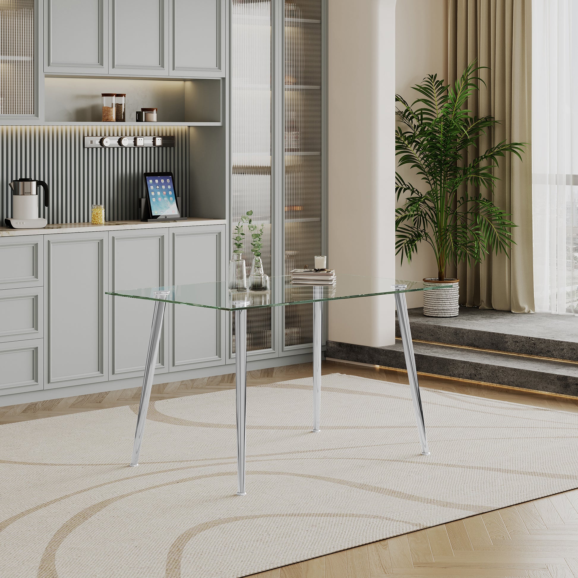 0.32" Thick Tempered Glass Top Dining Table With Silver Stainless Steel Legs Silver Tempered Glass