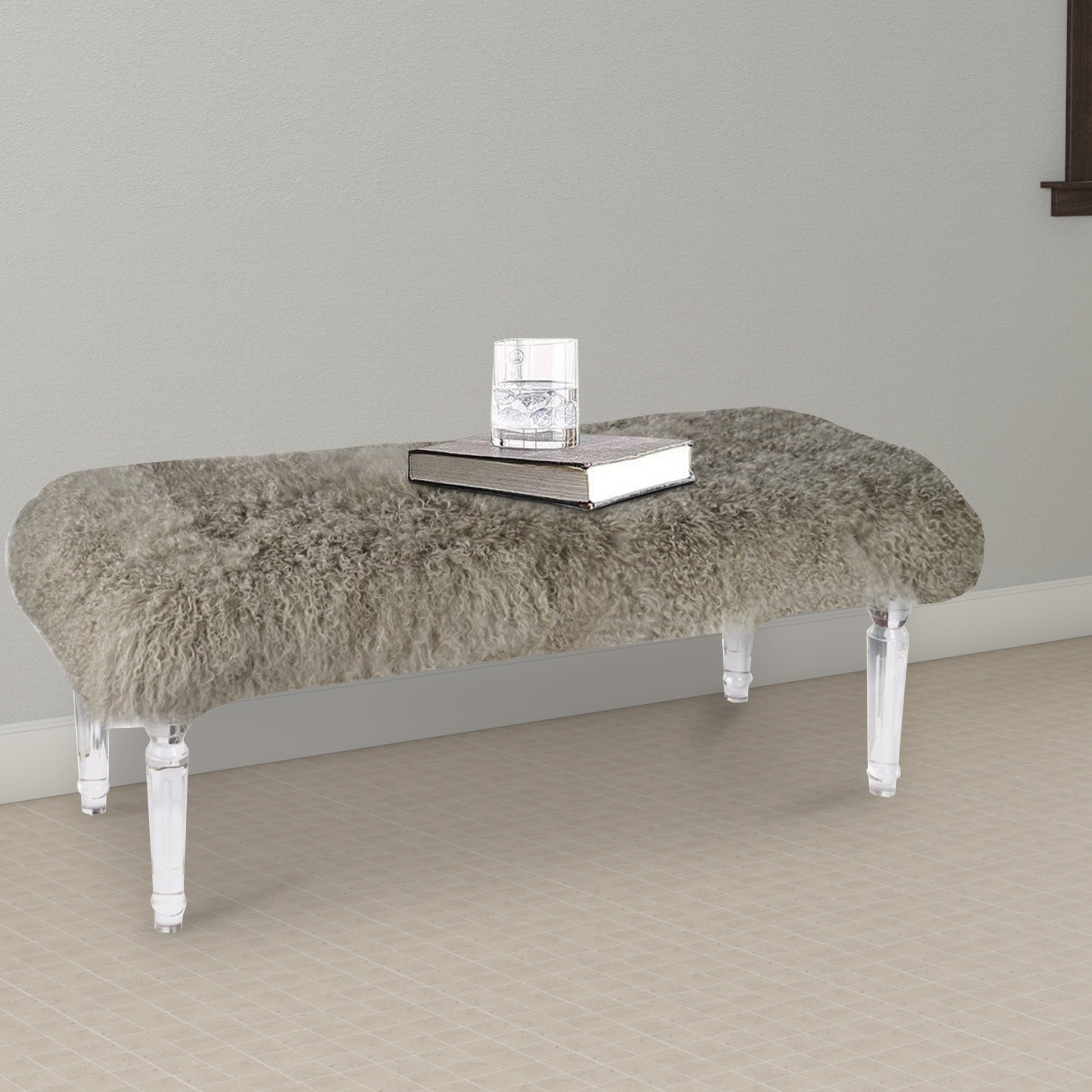 Soft To Touch Gray Mongolian Fur Bench Gray Acrylic