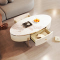 Modern Oval Coffee Table With 2 Large Drawers Storage Accent Table Off White Mdf