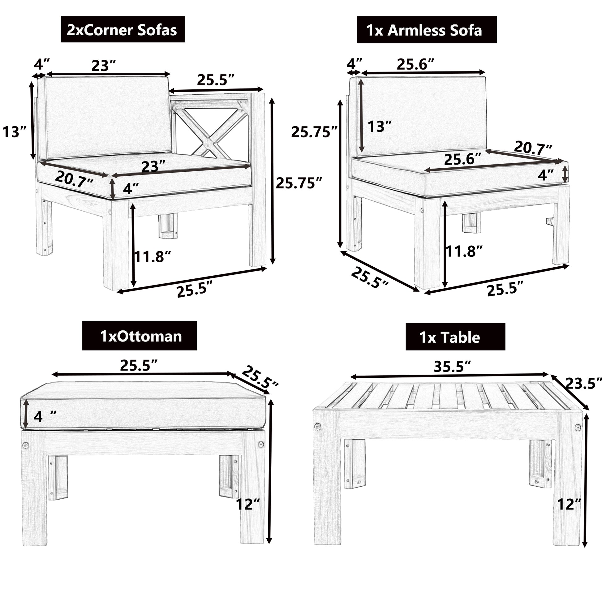 Outdoor Backyard Patio Wood 5 Piece Sectional Sofa Seating Group Set With Cushions, Natural Finish Blue Cushions Yes Complete Patio Set Natural Water Resistant Frame Water Resistant Cushion Garden & Outdoor Casual Sectional Seating Groups Foam Solid Wood