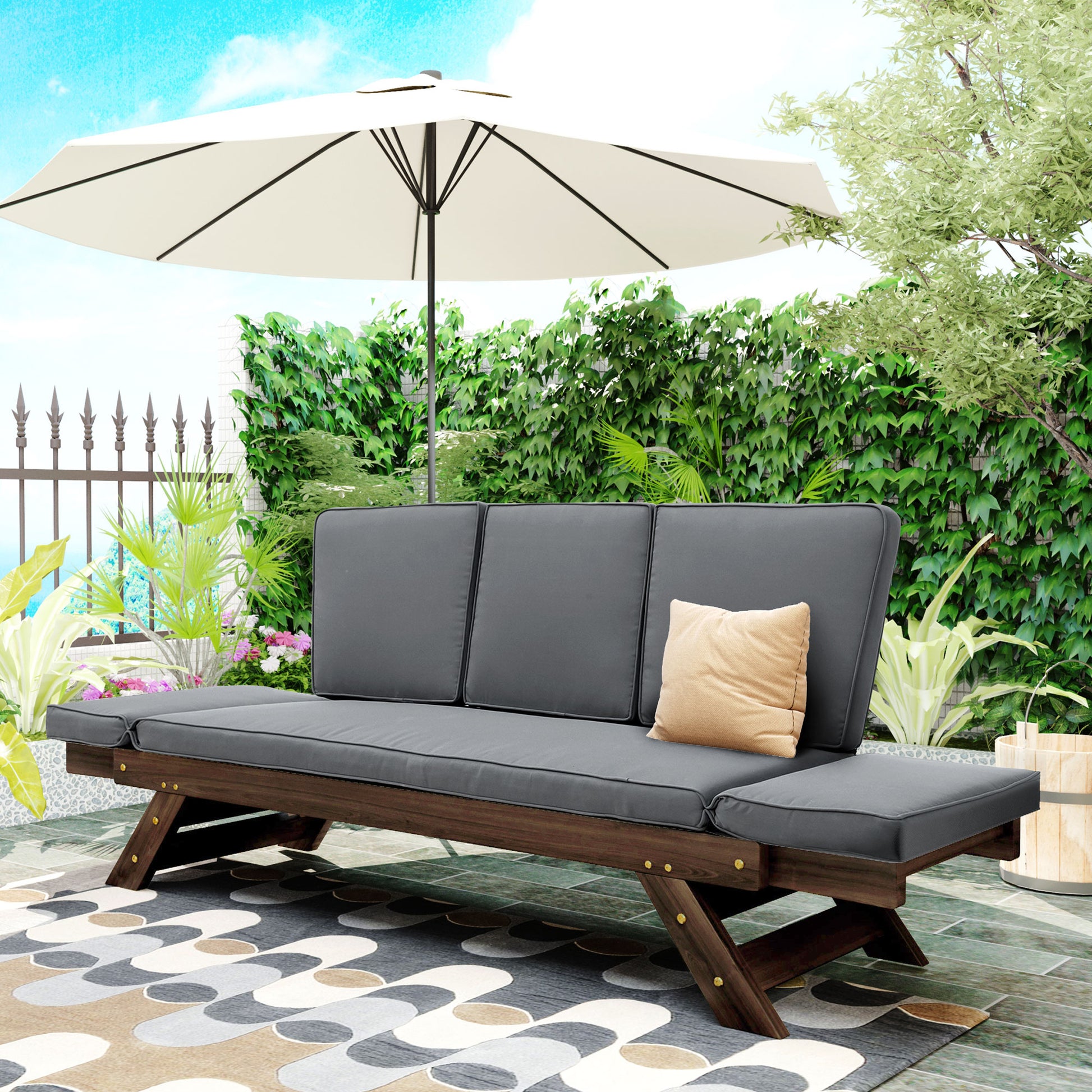 Outdoor Adjustable Patio Wooden Daybed Sofa Chaise Lounge With Cushions For Small Places, Brown Finish Gray Cushion Yes Complete Patio Set Gray Water Resistant Frame Water Resistant Cushion Garden & Outdoor Casual Sofa Seating Groups Foam Solid Wood
