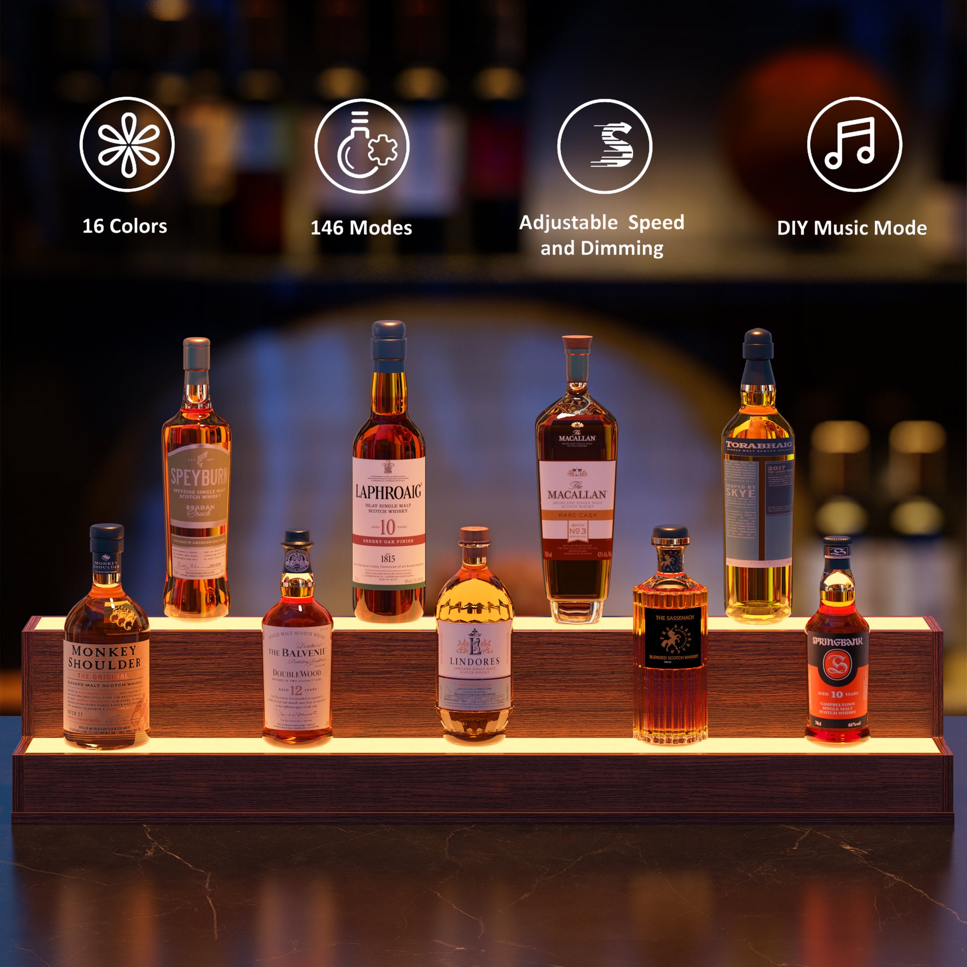 Led Lighted Liquor Bottle Display Shelf, 37 Inch Bar Display Shelf, Diy Illuminated Bottle Shelf With App & Remote Control, 2 Step Freestanding Holding Bottles For Home Bar, Party, Walnut Walnut Kitchen Modern Engineered Wood