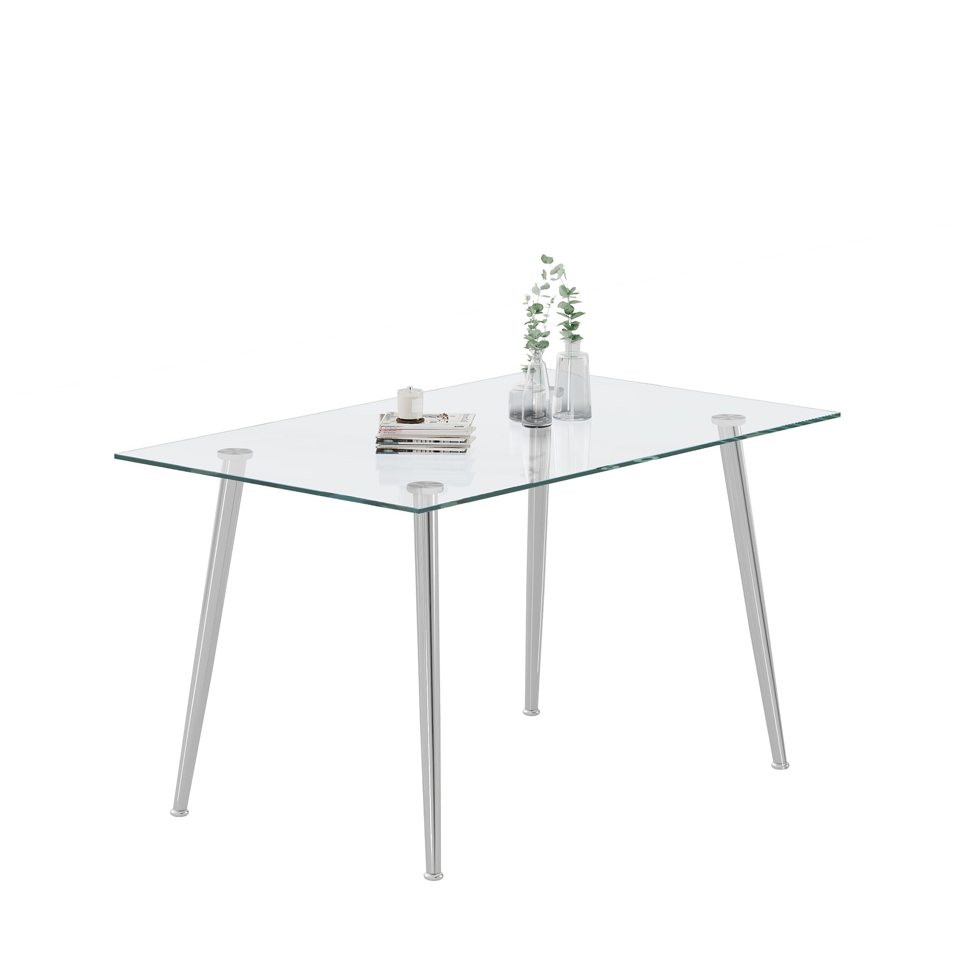 0.32" Thick Tempered Glass Top Dining Table With Silver Stainless Steel Legs Silver Tempered Glass