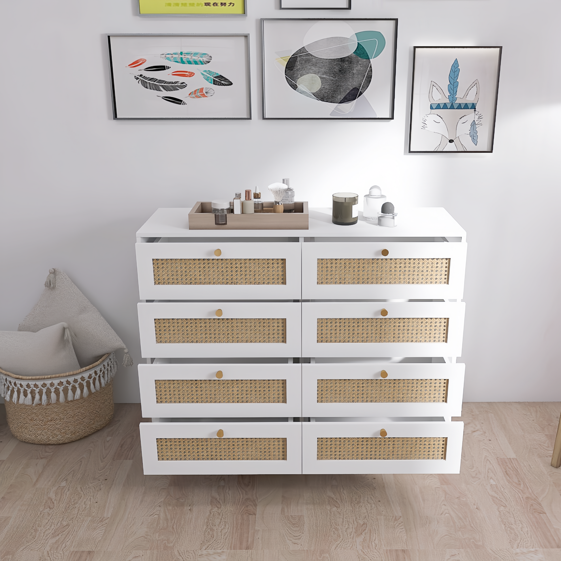 white and gold 8 drawer dresser White 8-Drawer Dresser with Rattan Drawers and Gold Legs and Handles - Overstock