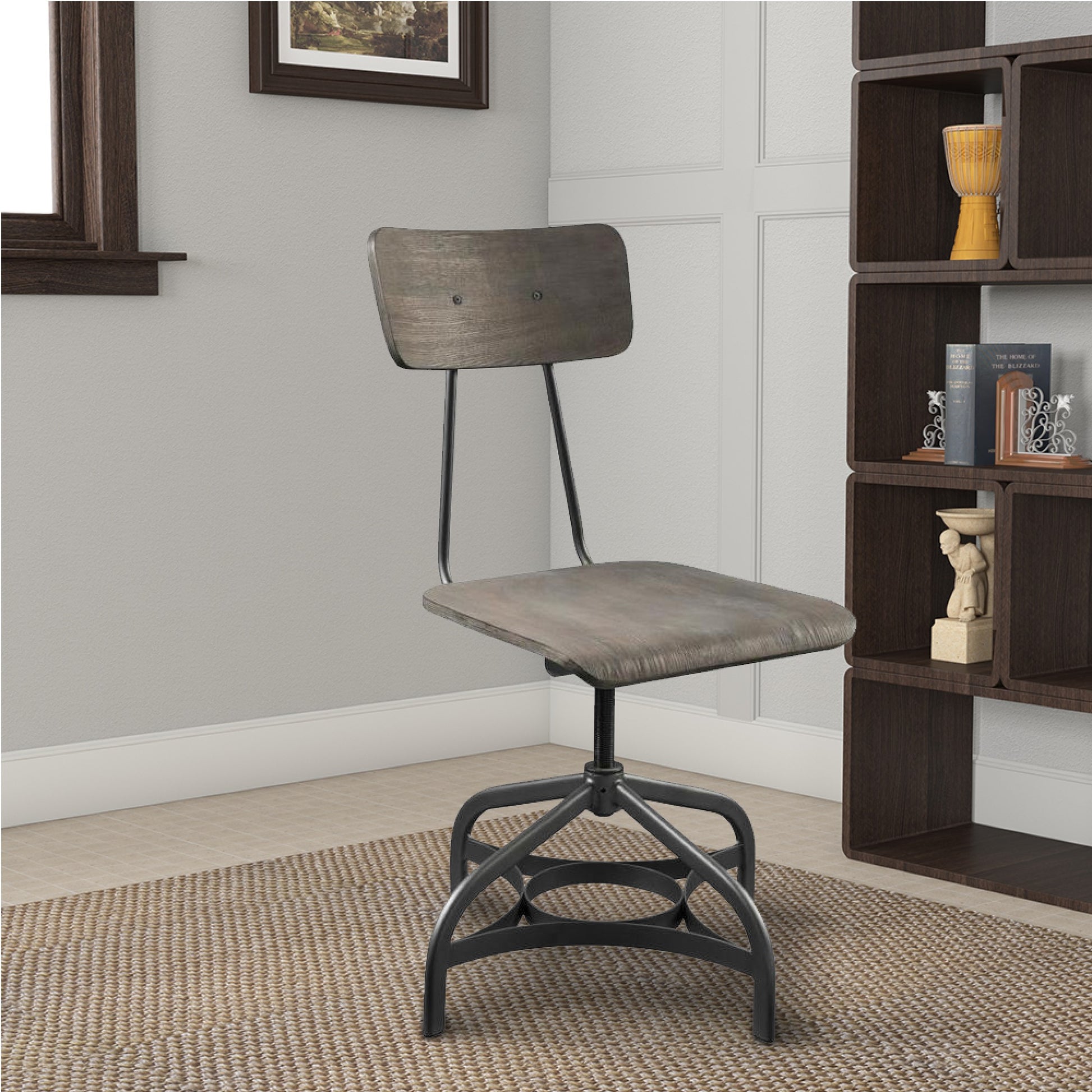 Metal Adjustable Side Chairs With Wooden Swivelling Seats And Open Backrest, Gray, Set Of Two Gray Wood Metal