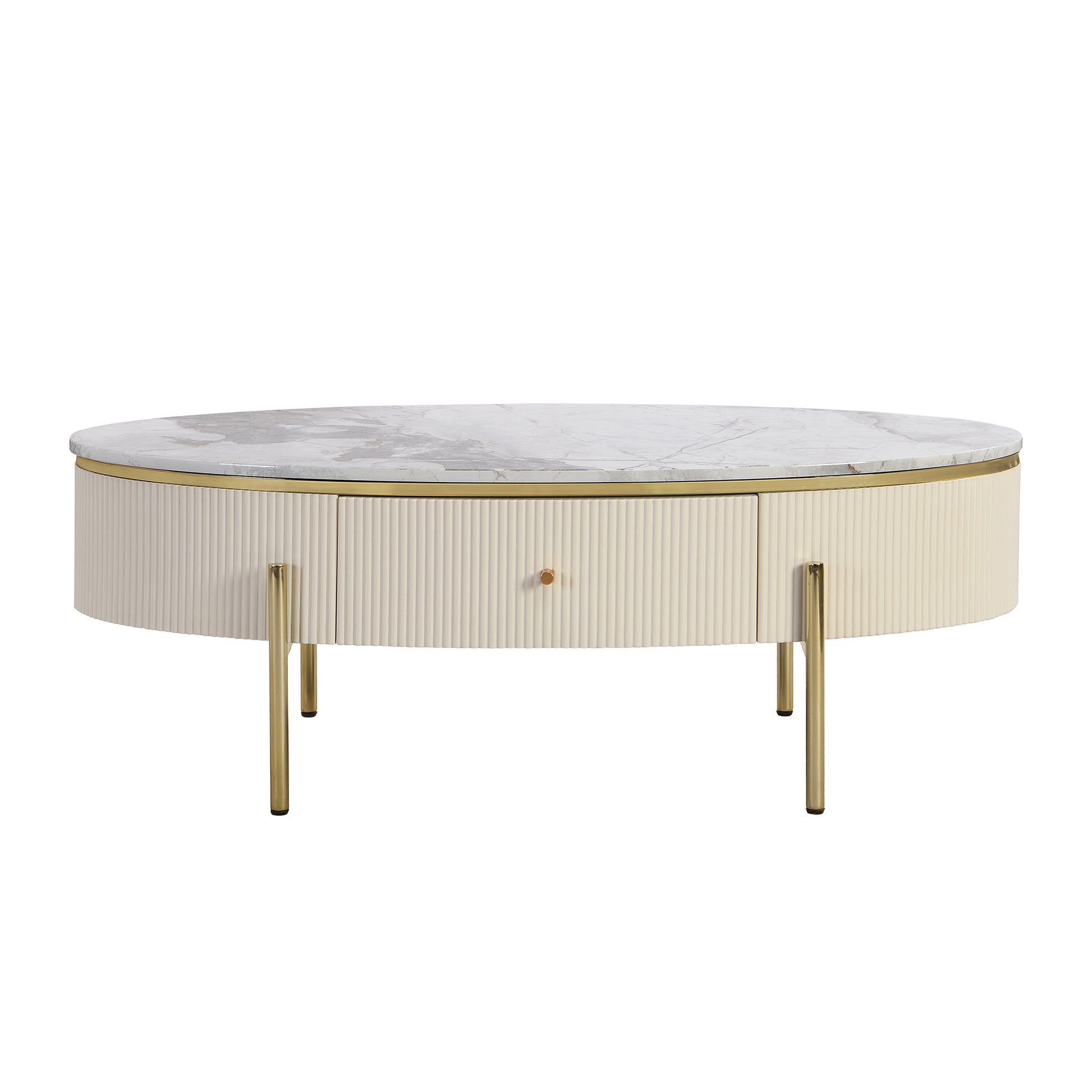 Modern Oval Coffee Table With 2 Large Drawers Storage Accent Table Off White Mdf