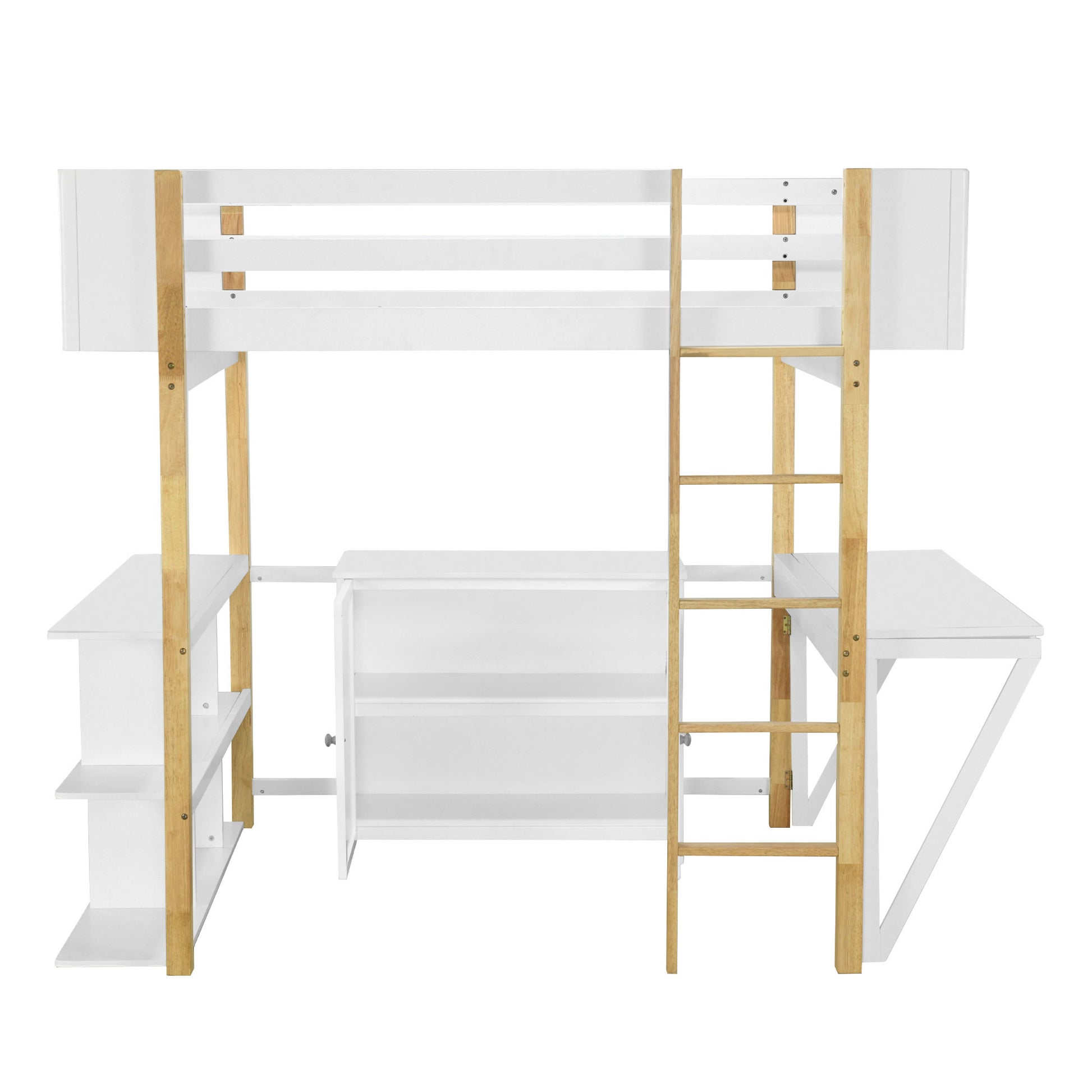 Full Size Wood Loft Bed With Built In Storage Cabinet And Cubes, Foldable Desk, White White Solid Wood Mdf