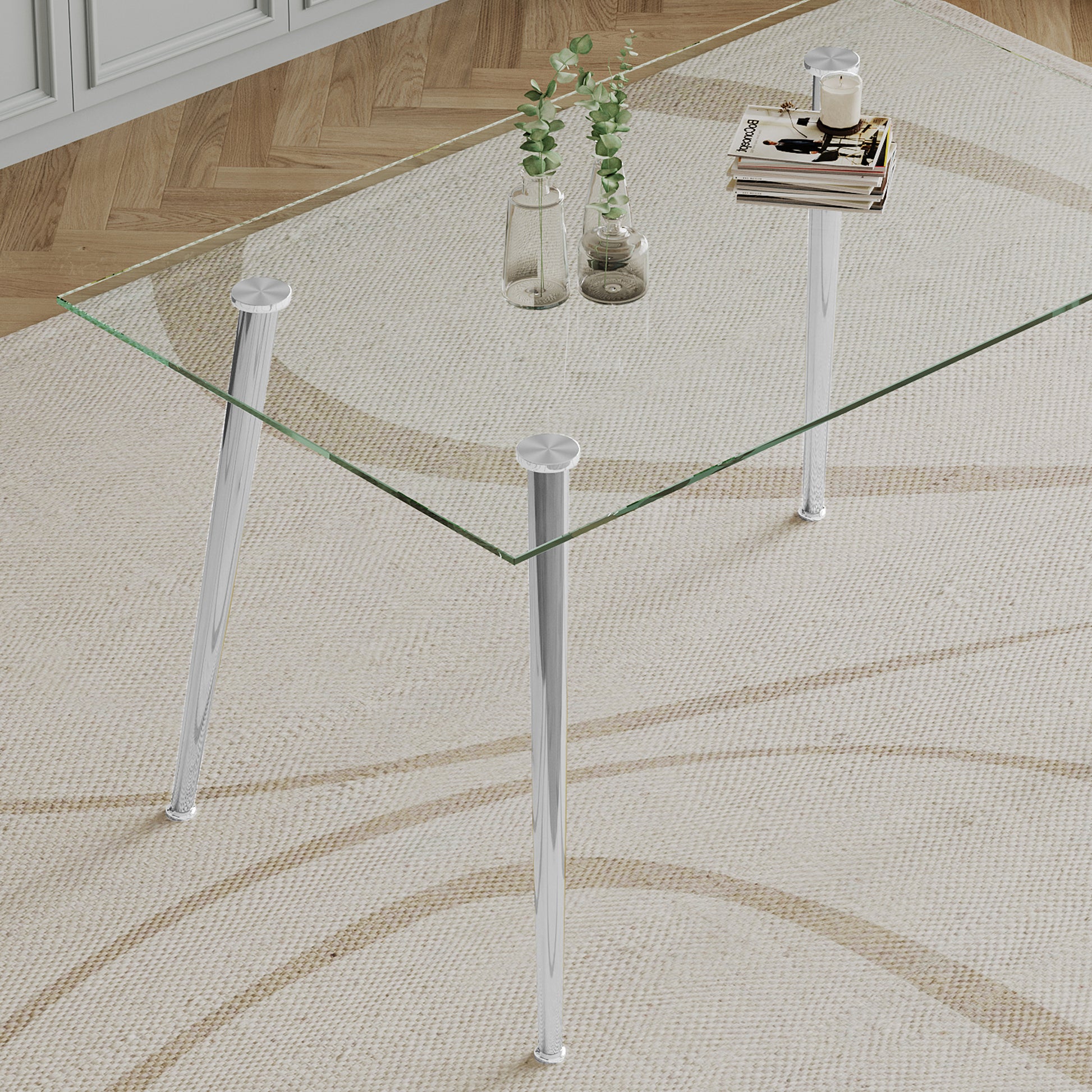 Dining Table Set Of 5, 0.32" Thick Tempered Glass Top Dining Table With Metal Legs And Four Fabric Dining Chairs, Table Size: 51.18" L X 31.50" W X 29.53" H Silver Tempered Glass