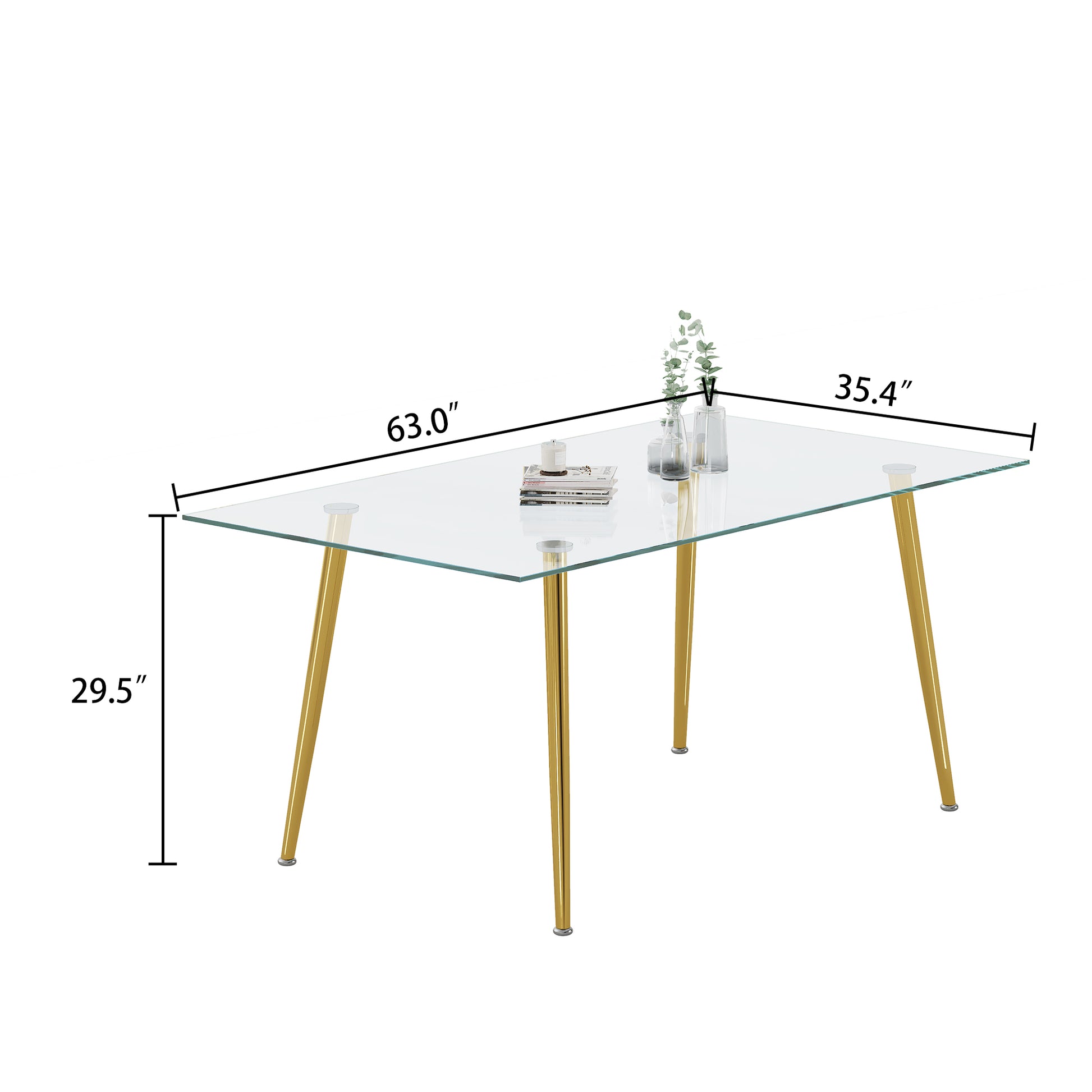 Dining Table Set Of 5, 0.32" Thick Tempered Glass Top Dining Table With Metal Legs And Four Fabric Dining Chairs, Table Size: 62.99" L X 35.43" W X 29.92" H Gold Tempered Glass