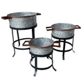 21, 18, And 16 Inch 3 Piece Round Tub Metal Planter Set With Stand In Galvanized Gray And Black Iron Black Gray Iron