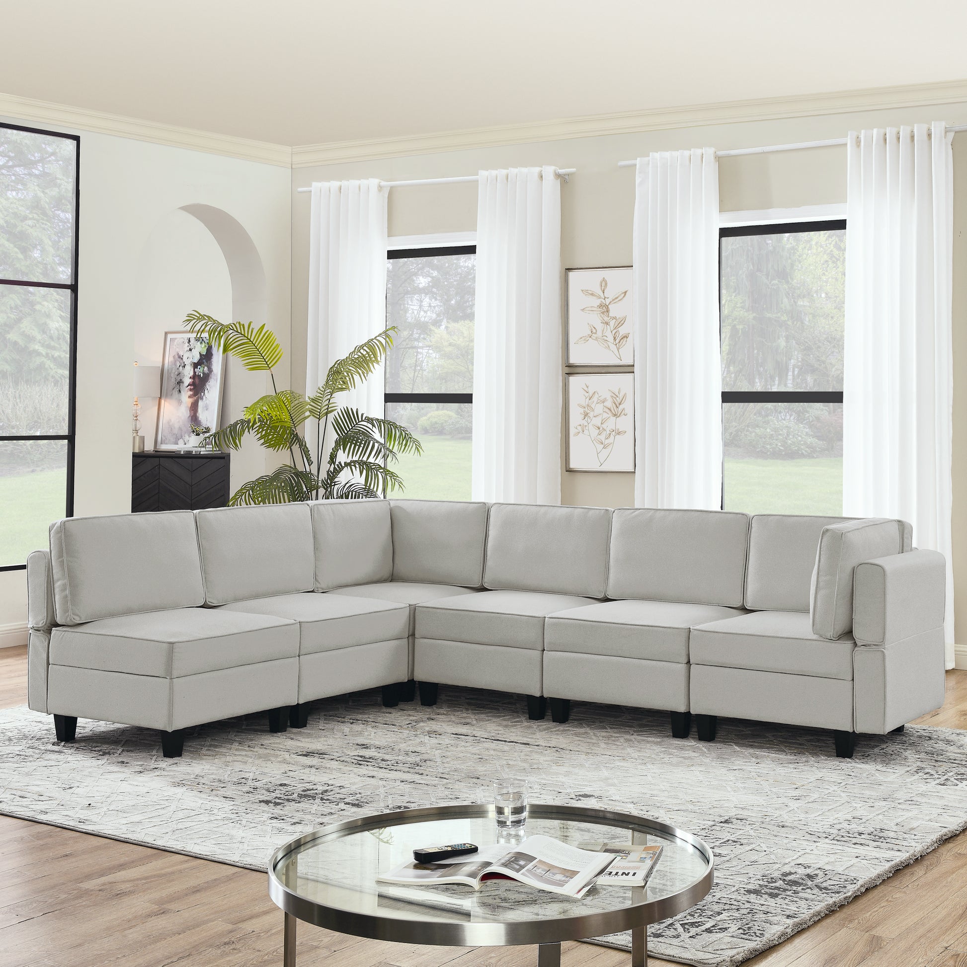 110.2"*78.7" Linen Modular Sectional Sofa,U Shaped Couch With Adjustable Armrests And Backrests,6 Seat Reversible Sofa Bed With Storage Seats For Living Room, Apartment,Grey White Color Gray White Matte Linen Wood Primary Living Space Medium Soft Cushion