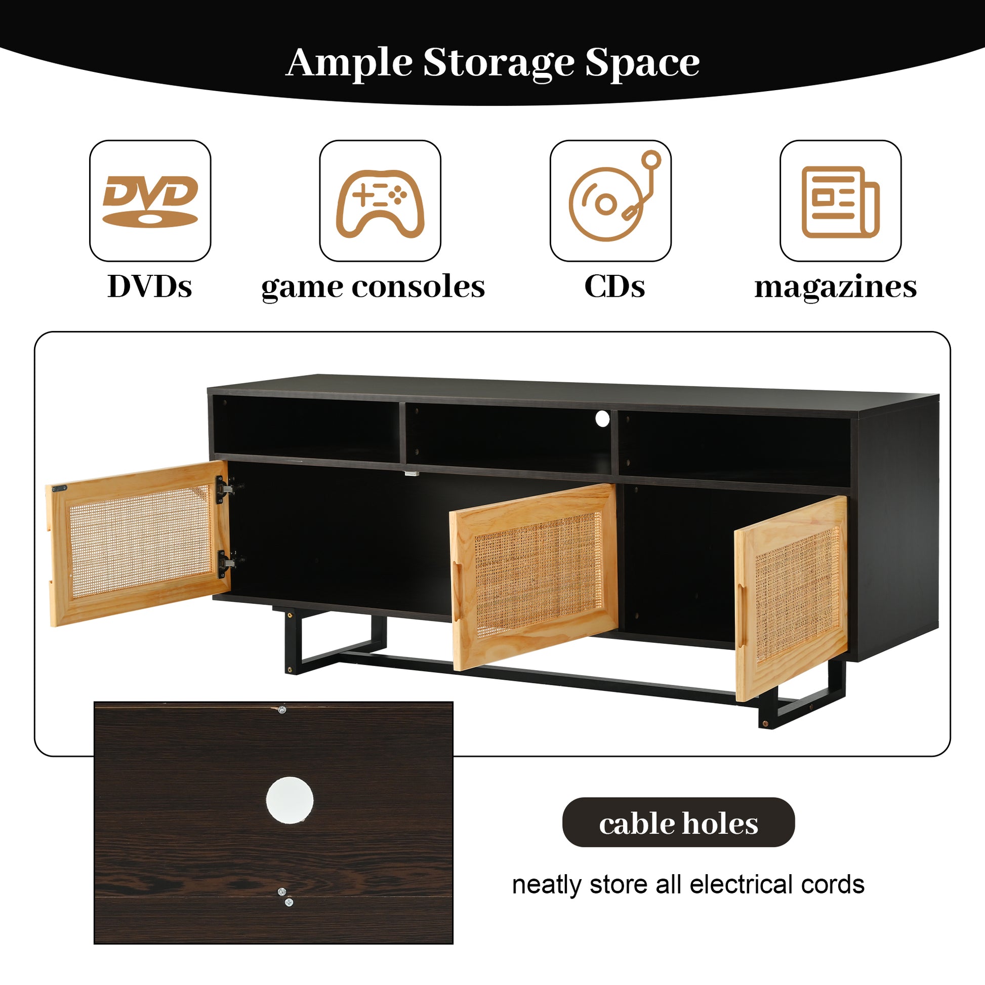 Retro Rattan Console Table 3 Door Tv Stand Media Console With Open Shelves For Tv Stand Under 75'' Espresso Espresso Mdf