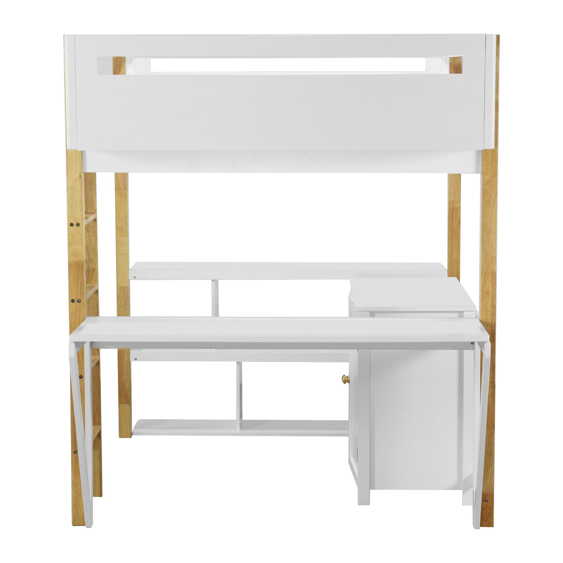 Full Size Wood Loft Bed With Built In Storage Cabinet And Cubes, Foldable Desk, White White Solid Wood Mdf