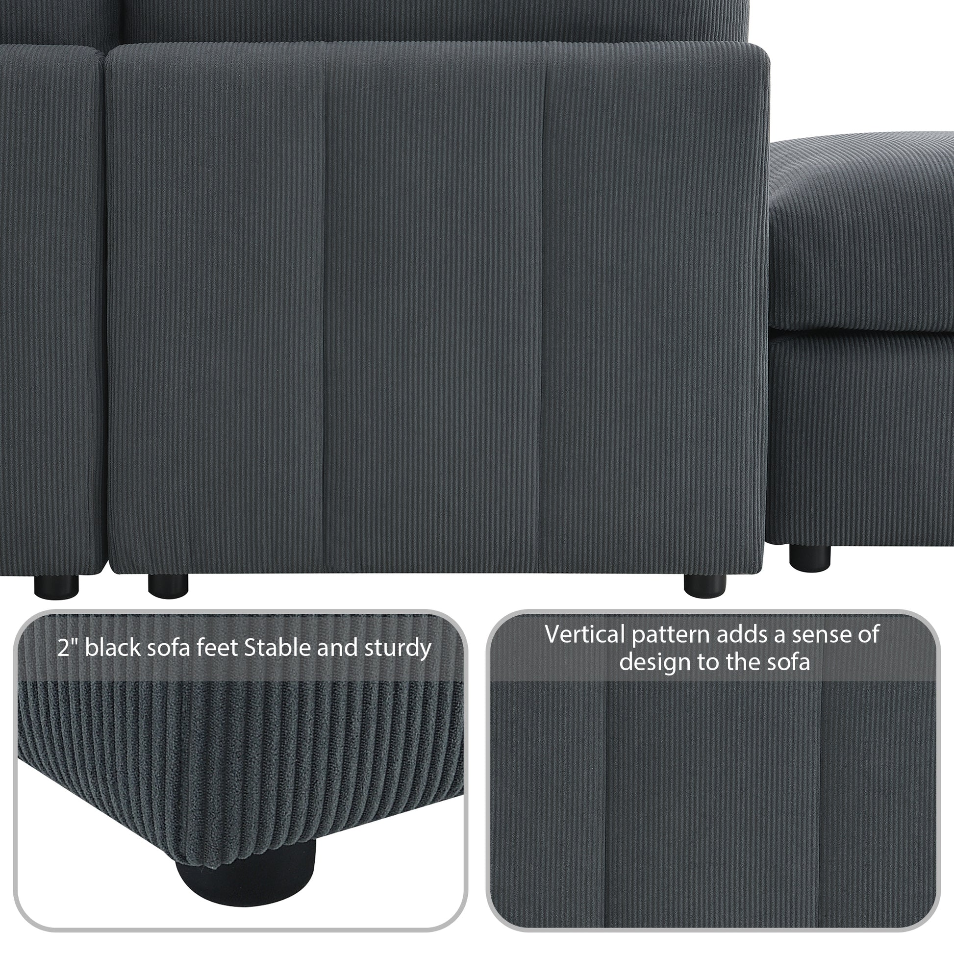 93"Modern Sectional Sofa With Vertical Stripes,5 Seat Armless Couch Set With Convertible Ottomans,Various Combinations,L Shape Indoor Furniture For Living Room,Apartment, 2 Colors Dark Grey Corduroy 5 Seat