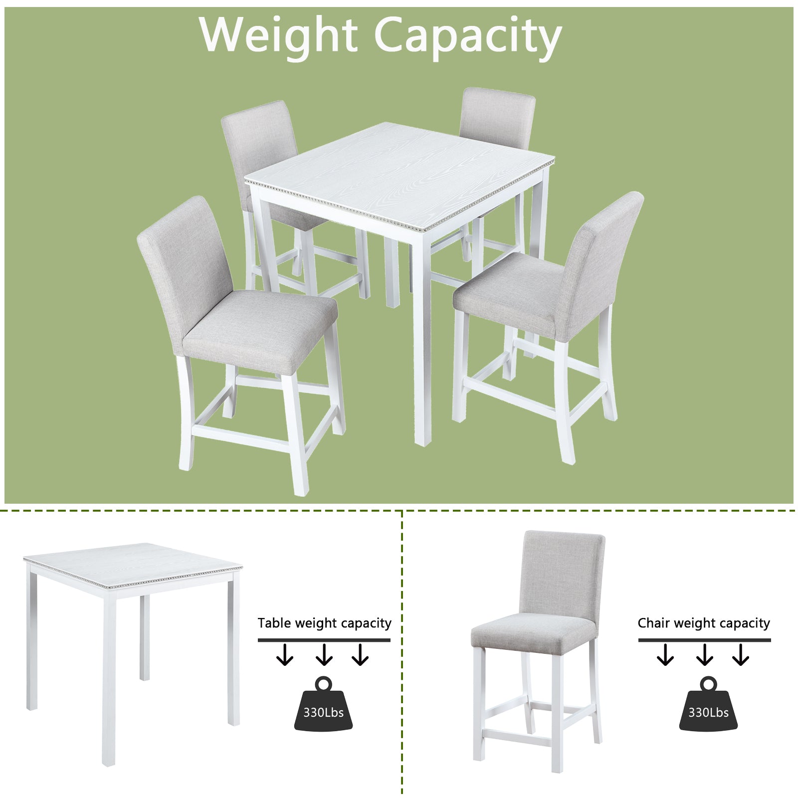 5 Piece Counter Height Table Set, Wooden Kitchen Table Set With Square Table And 4 Upholstered Chairs, Counter Height Dining Table With Crystal Decoration And Chair Set For Kitchen, Dining Room,White Beige White Seats 4 Dining Room 4 Leg Square Dining