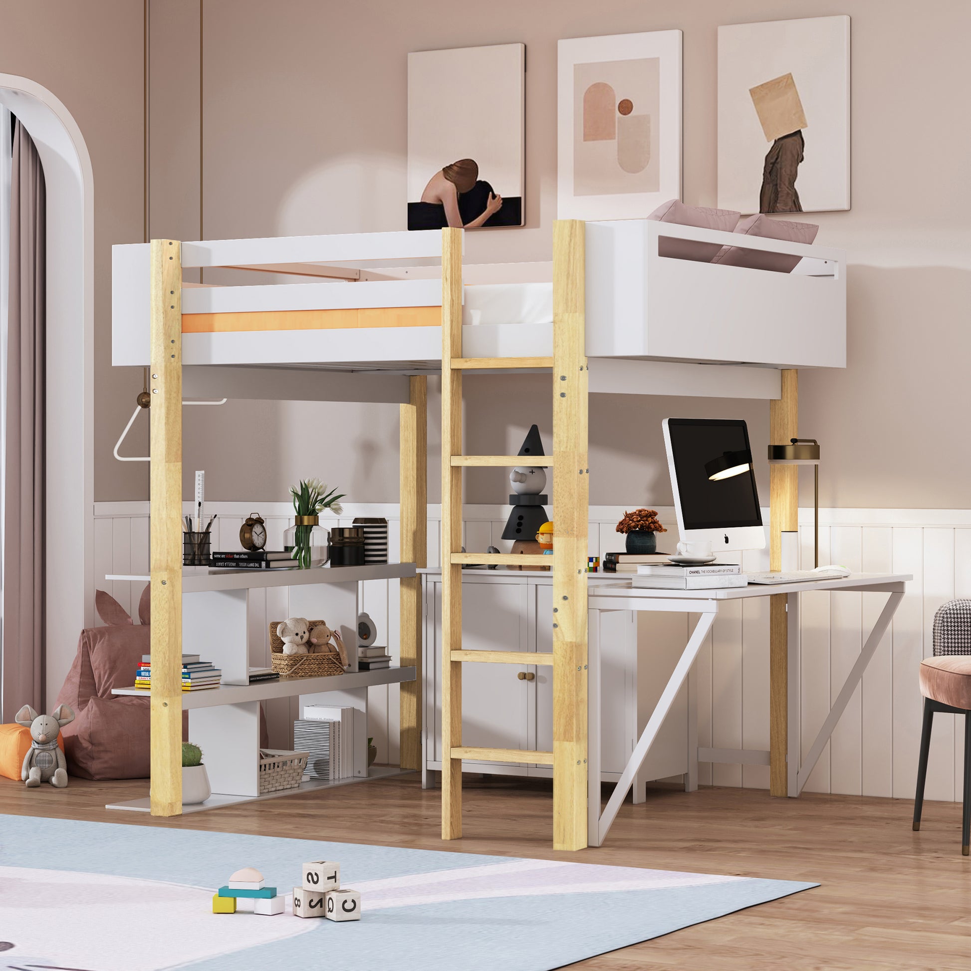 Full Size Wood Loft Bed With Built In Storage Cabinet And Cubes, Foldable Desk, White White Solid Wood Mdf