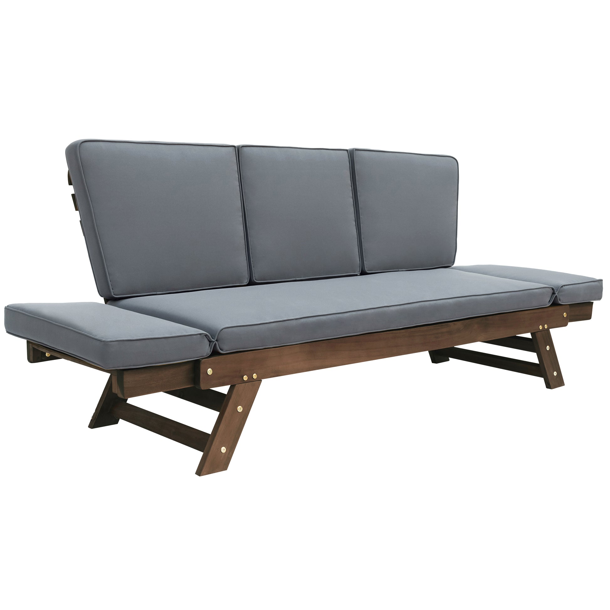 Outdoor Adjustable Patio Wooden Daybed Sofa Chaise Lounge With Cushions For Small Places, Brown Finish Gray Cushion Yes Complete Patio Set Gray Water Resistant Frame Water Resistant Cushion Garden & Outdoor Casual Sofa Seating Groups Foam Solid Wood