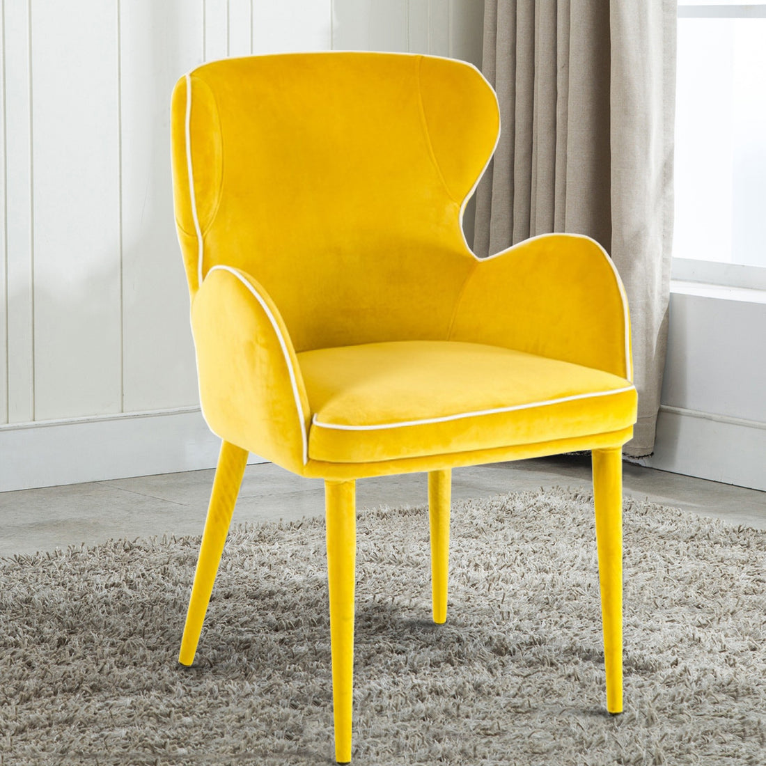 33 Inch Wingback Dining Chair With High Curvy Arms, Yellow Fabric Yellow Fabric Metal