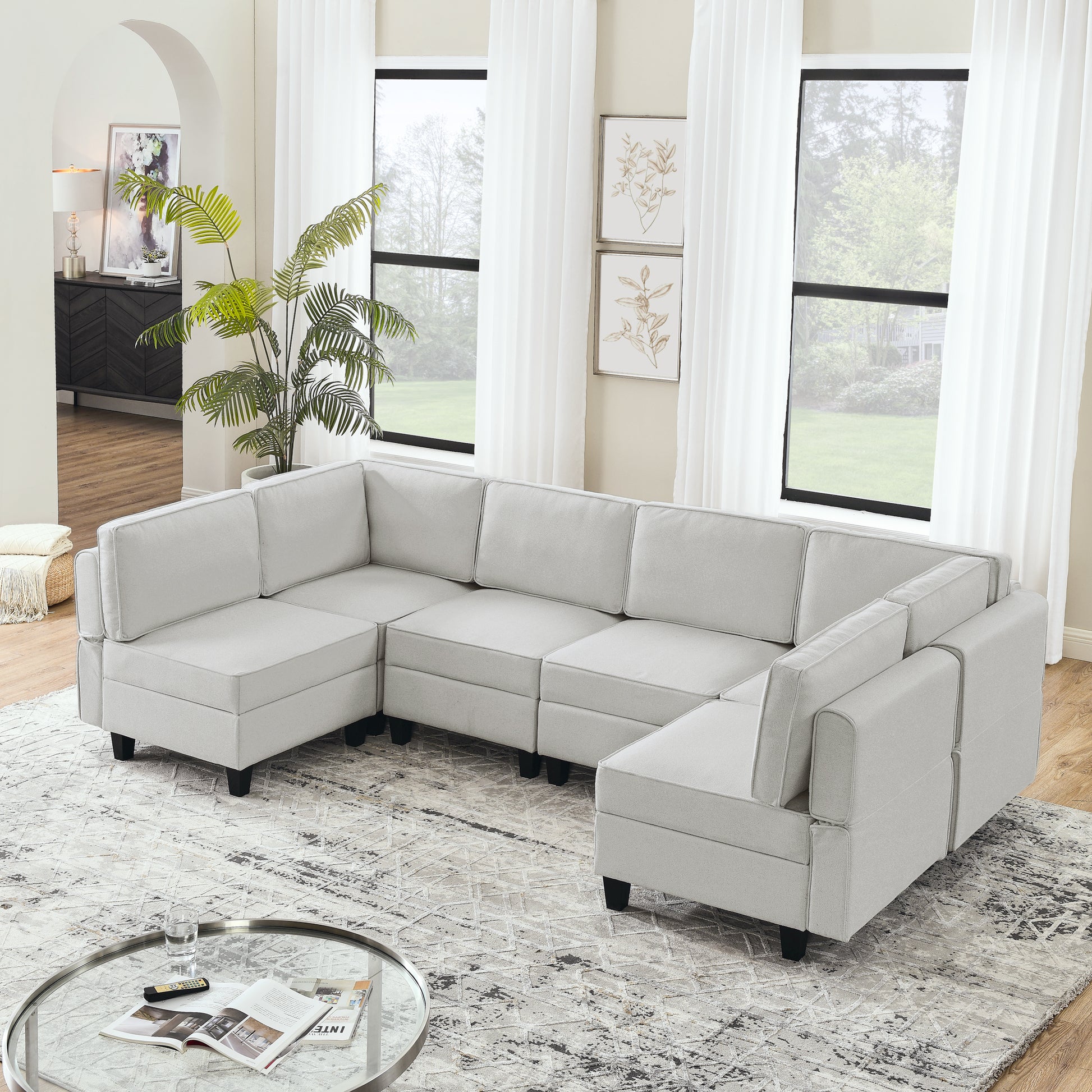 110.2"*78.7" Linen Modular Sectional Sofa,U Shaped Couch With Adjustable Armrests And Backrests,6 Seat Reversible Sofa Bed With Storage Seats For Living Room, Apartment,Grey White Color Gray White Matte Linen Wood Primary Living Space Medium Soft Cushion