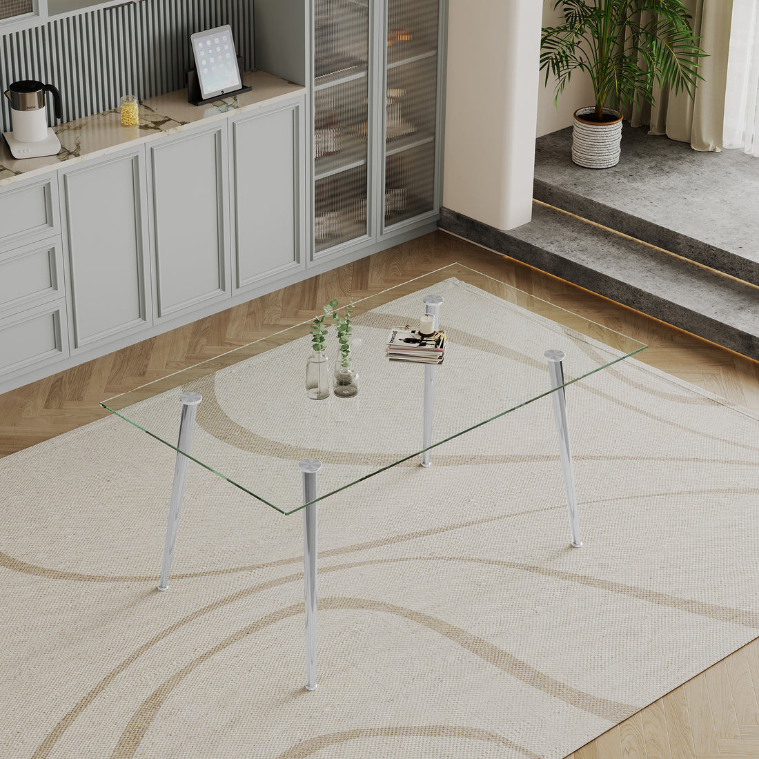 0.32" Thick Tempered Glass Top Dining Table With Silver Stainless Steel Legs Silver Tempered Glass