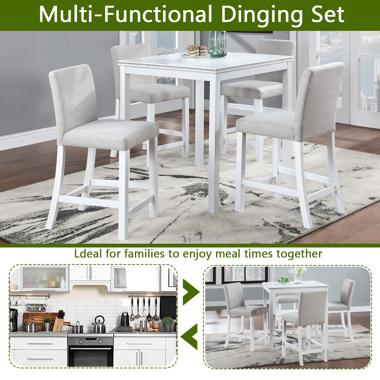 5 Piece Counter Height Table Set, Wooden Kitchen Table Set With Square Table And 4 Upholstered Chairs, Counter Height Dining Table With Crystal Decoration And Chair Set For Kitchen, Dining Room,White Beige White Seats 4 Dining Room 4 Leg Square Dining