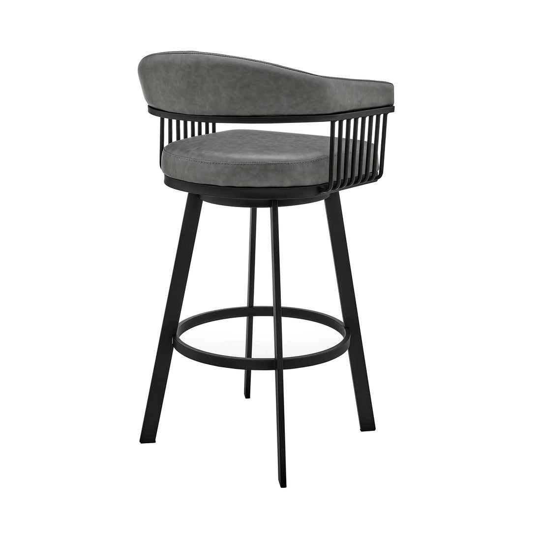 Swivel Barstool With Open Metal Frame And Slatted Arms, Gray And Black Black Gray Fabric Metal