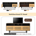 Retro Rattan Tv Stand 3 Door Media Console With Open Shelves For Tv Stand Under 75'' Walnut Walnut Mdf