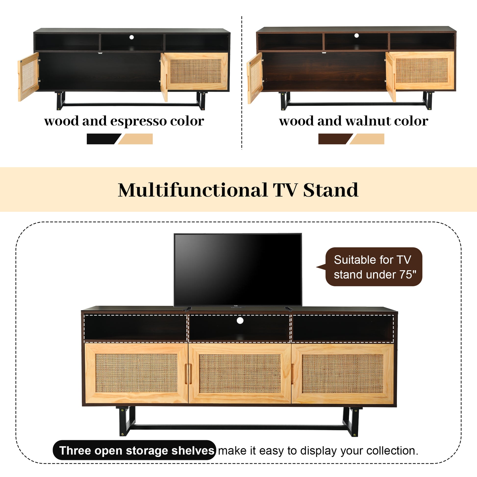 Retro Rattan Tv Stand 3 Door Media Console With Open Shelves For Tv Stand Under 75'' Walnut Walnut Mdf