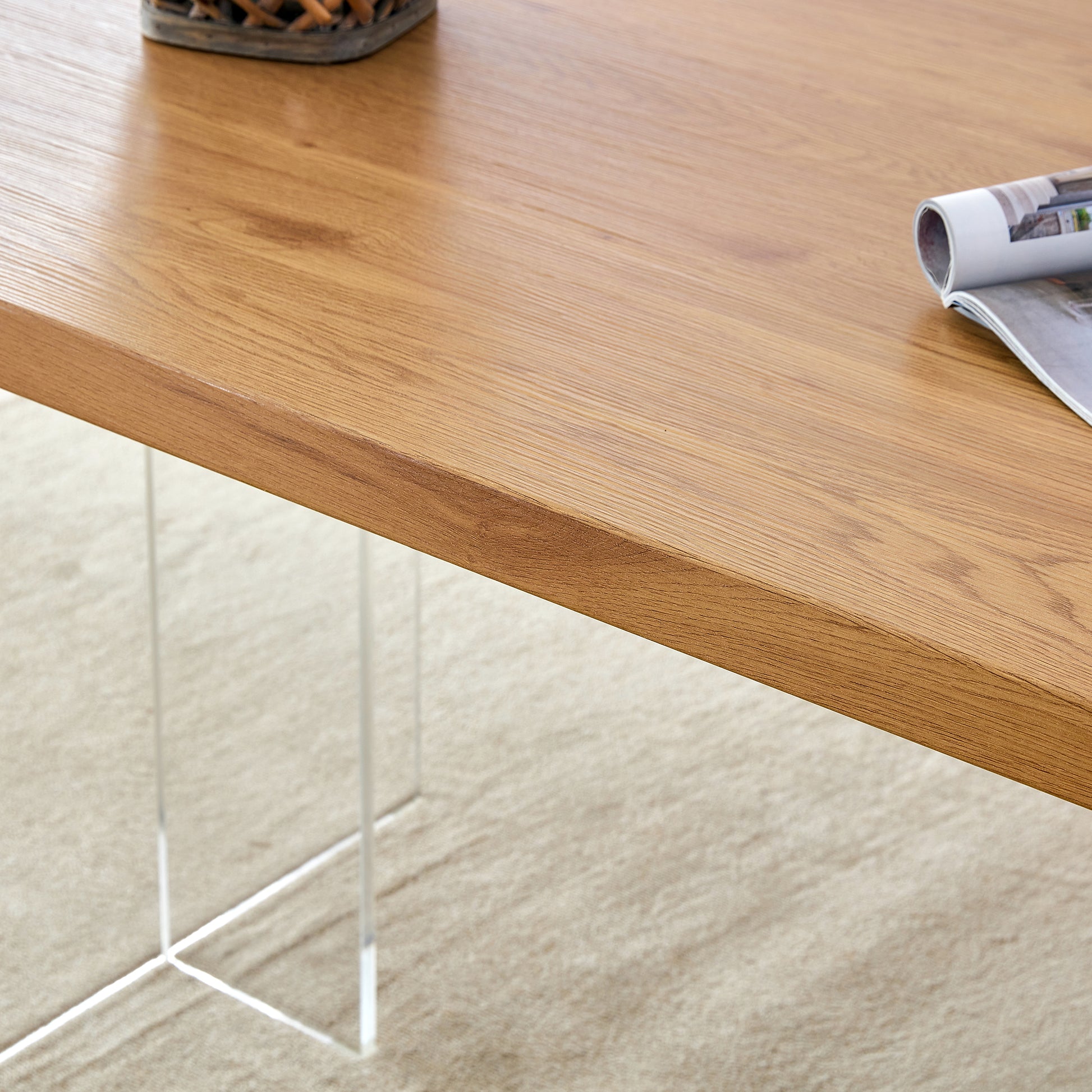 A Modern Minimalist Wooden Table With Acrylic Legs And Rectangular Tables. Computer Desk. Dining Table. Suitable For Restaurants, Living Rooms, And Kitchens. F 1298 Wood Mdf