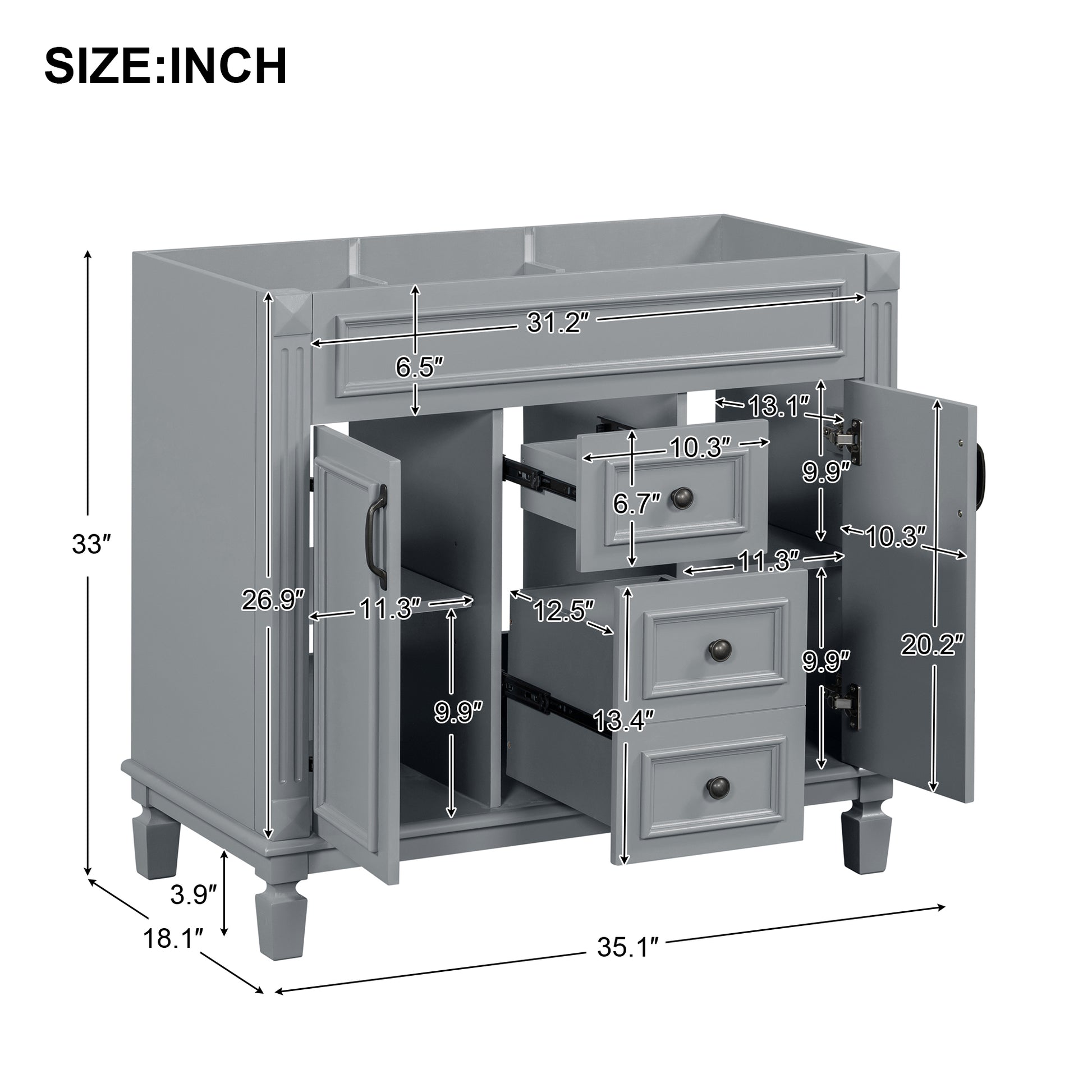 36'' Bathroom Vanity Without Top Sink, Cabinet Only, Modern Bathroom Storage Cabinet With 2 Soft Closing Doors And 2 Drawers Not Include Basin Sink Grey Bathroom Mdf