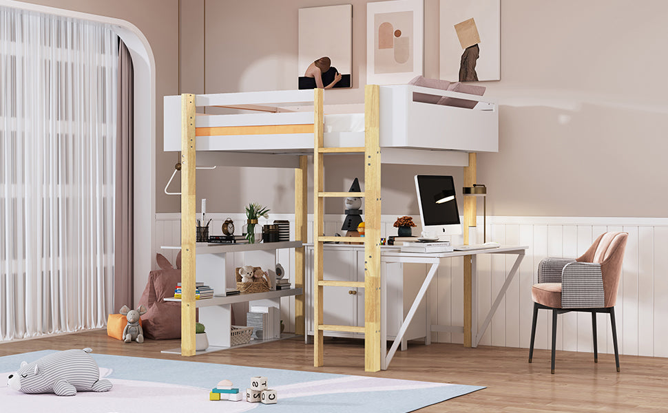 Full Size Wood Loft Bed With Built In Storage Cabinet And Cubes, Foldable Desk, White White Solid Wood Mdf