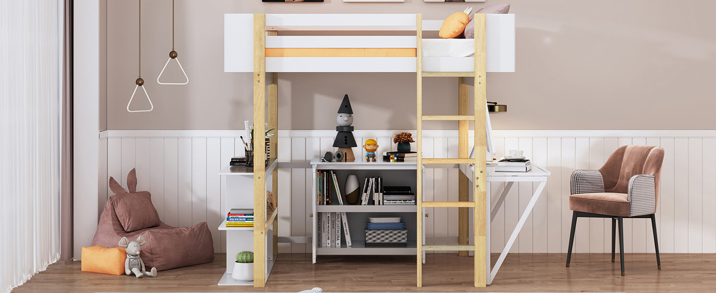 Full Size Wood Loft Bed With Built In Storage Cabinet And Cubes, Foldable Desk, White White Solid Wood Mdf