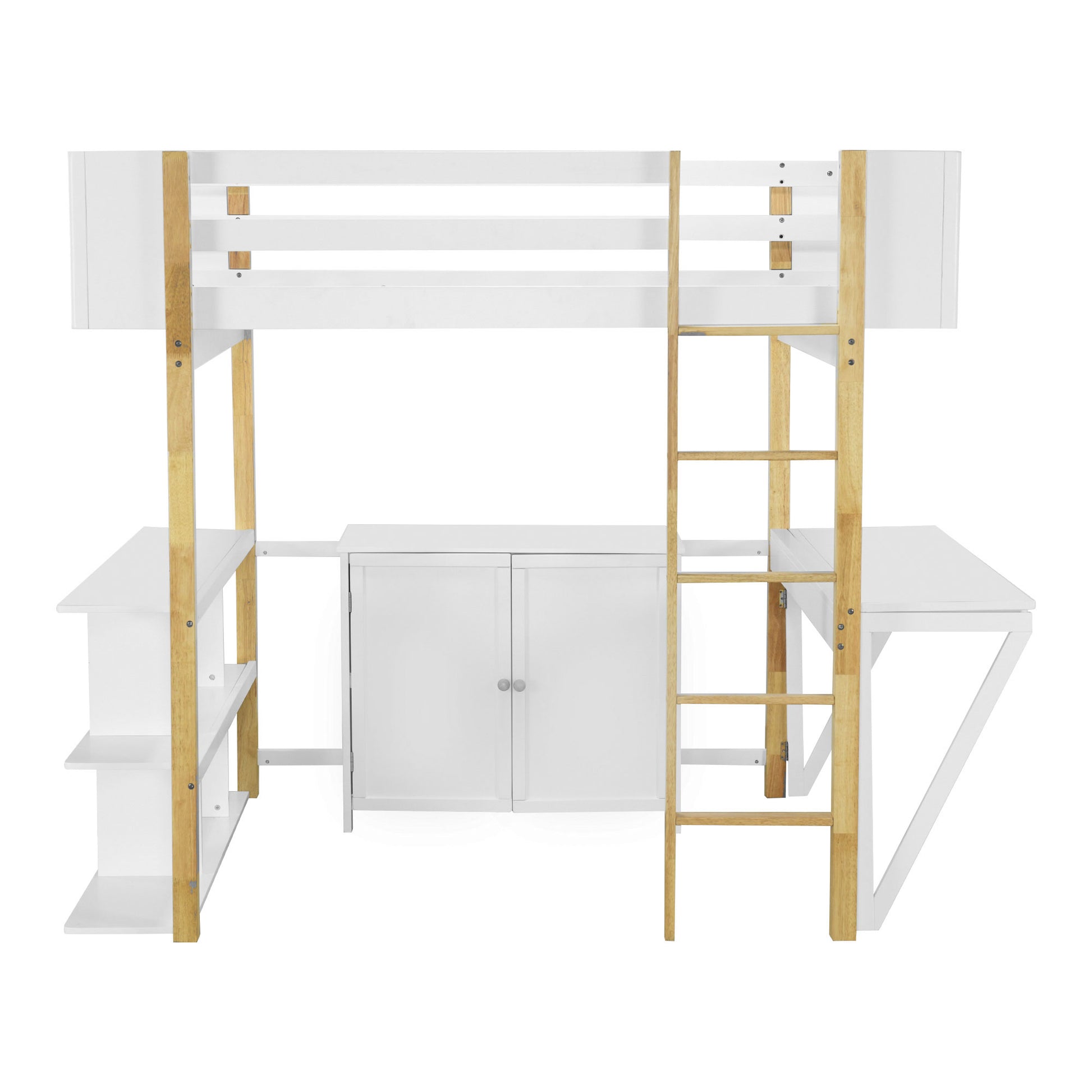 Full Size Wood Loft Bed With Built In Storage Cabinet And Cubes, Foldable Desk, White White Solid Wood Mdf