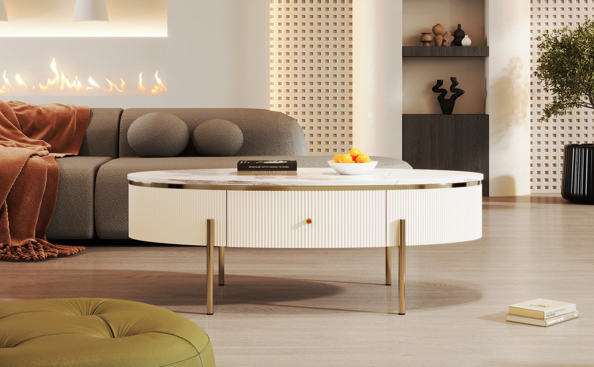 Modern Oval Coffee Table With 2 Large Drawers Storage Accent Table Off White Mdf