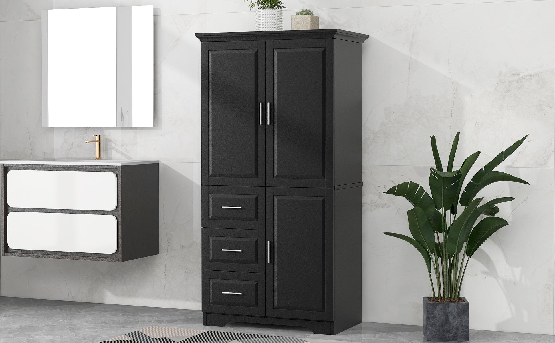 Tall and Wide Storage Cabinet with Doors for Bathroom black-mdf