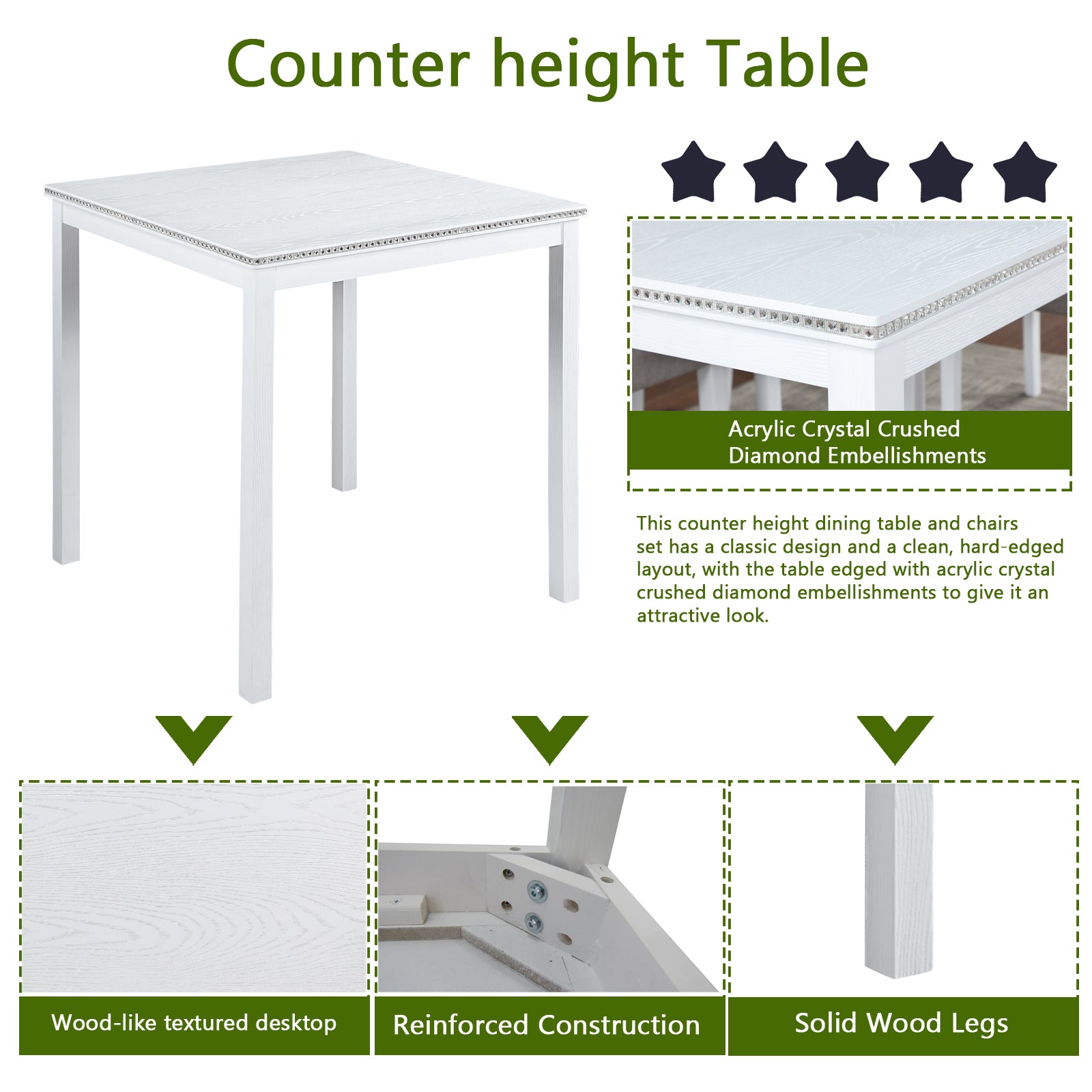 5 Piece Counter Height Table Set, Wooden Kitchen Table Set With Square Table And 4 Upholstered Chairs, Counter Height Dining Table With Crystal Decoration And Chair Set For Kitchen, Dining Room,White Beige White Seats 4 Dining Room 4 Leg Square Dining