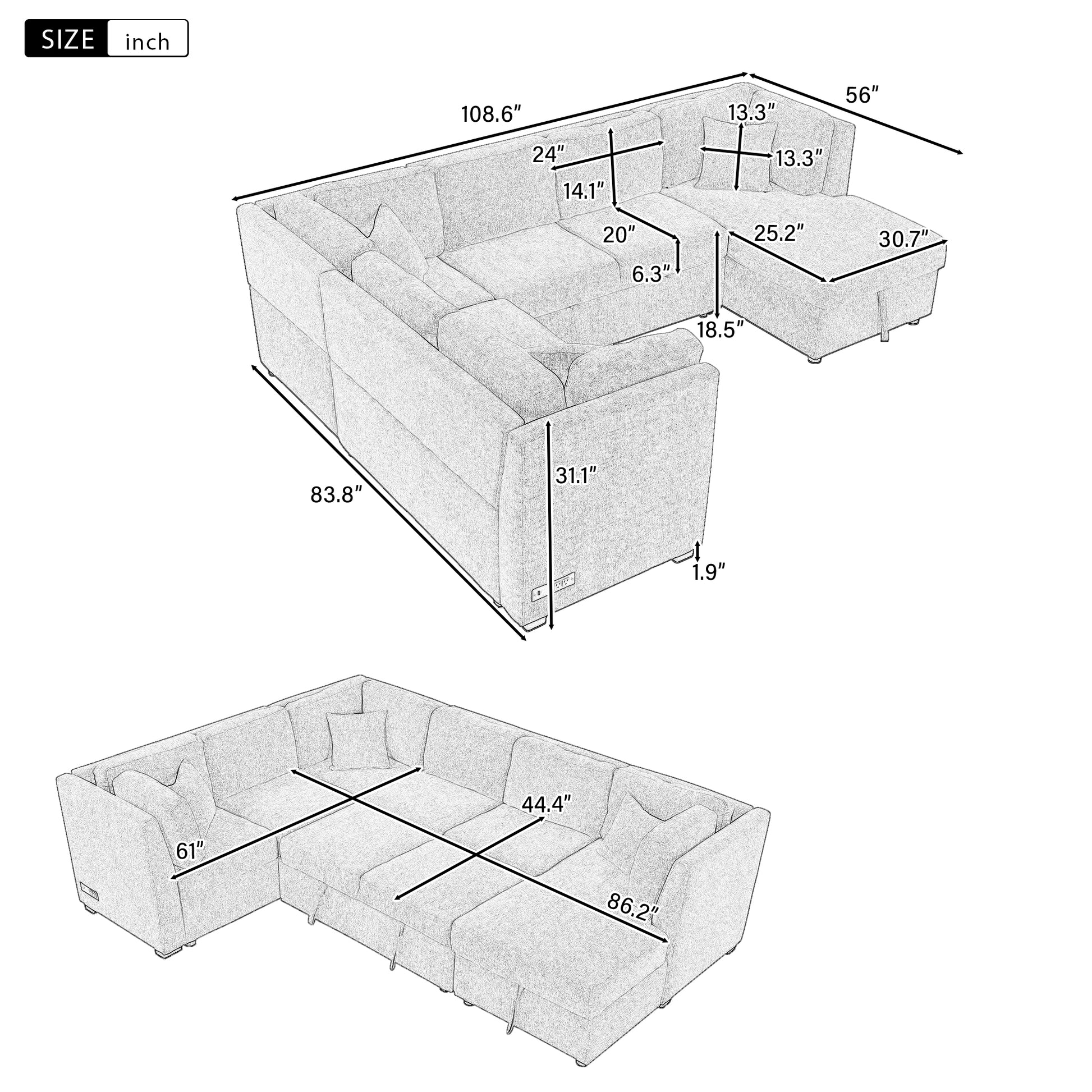 108.6" U Shaped Sectional Sofa Pull Out Sofa Bed With Two Usb Ports, Two Power Sockets, Three Back Pillows And A Storage Chaise For Living Room, Black Black Foam Chenille 5 Seat