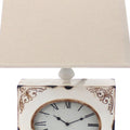 Clock Design Metal Table Lamp With Tapered Shade,White And Beige White Fabric Metal