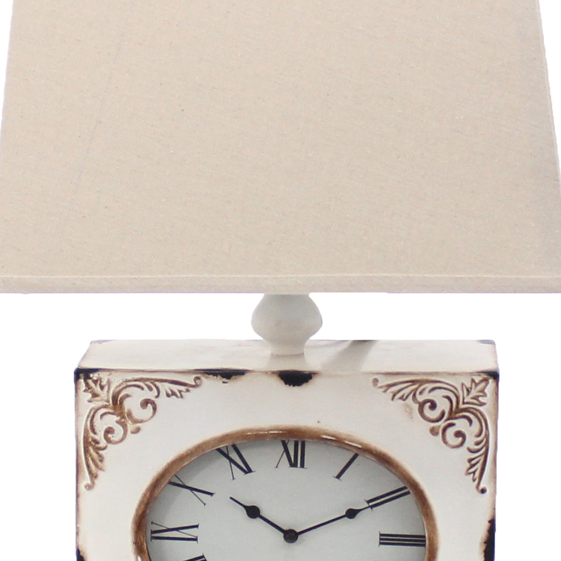 Clock Design Metal Table Lamp With Tapered Shade,White And Beige White Fabric Metal