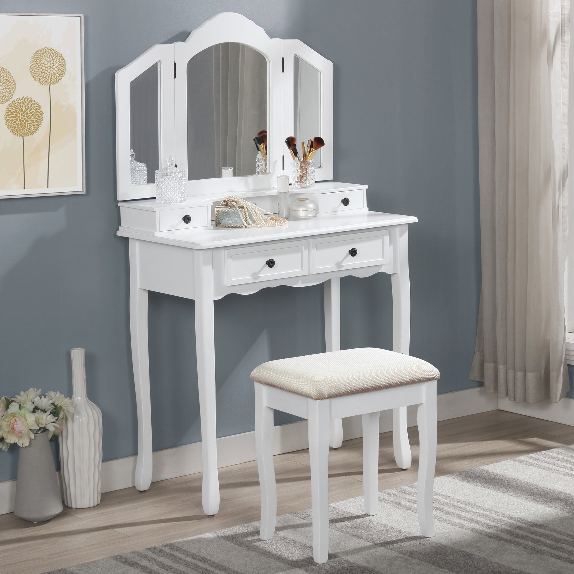 Sanlo Wooden Vanity Make Up Table And Stool Set, White White Wood
