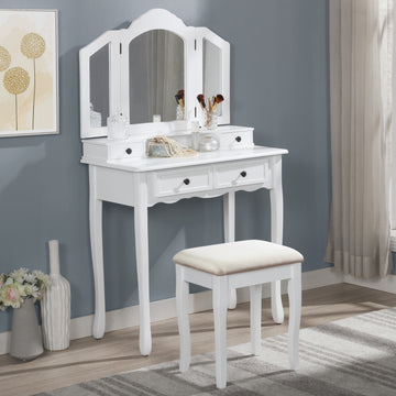 Sanlo Wooden Vanity Make Up Table And Stool Set, White White Wood