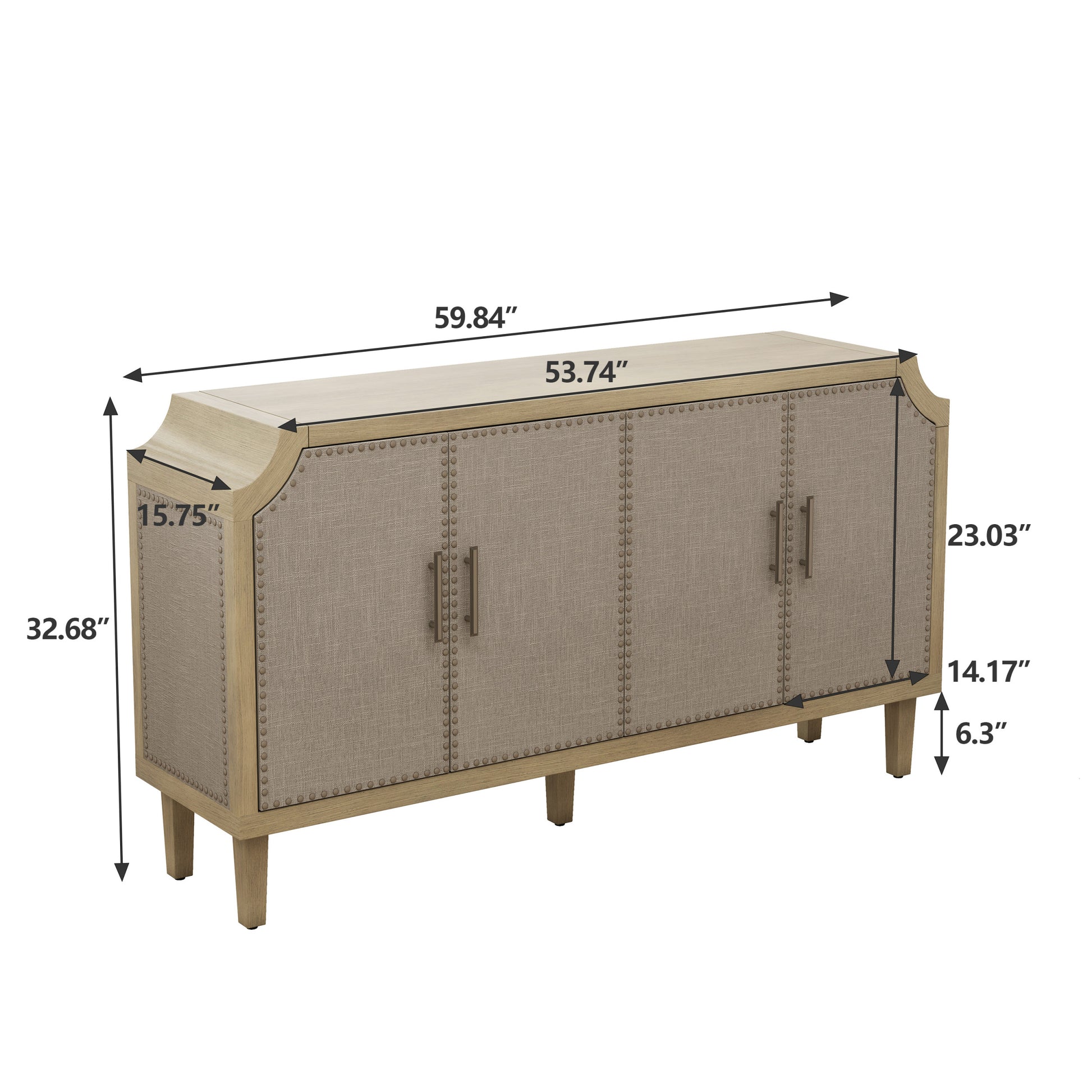 59.84"Retro Industrial Style Rivet Decor 4 Door Cabinet, Linen Decorated Doors, For Bedroom, Living Room, Office, Easy To Assemble Natural Primary Living Space Adjustable Shelves Mdf