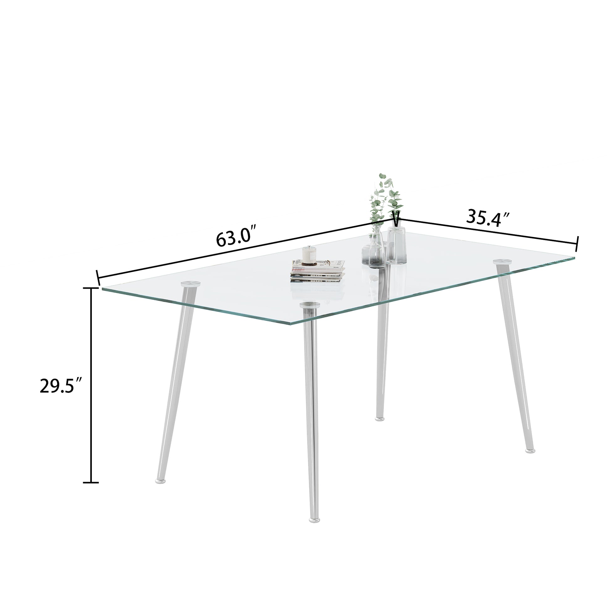 Dining Table Set Of 5, 0.32" Thick Tempered Glass Top Dining Table With Metal Legs And Four Fabric Dining Chairs, Table Size: 62.99" L X 35.43" W X 29.92" H Silver Tempered Glass