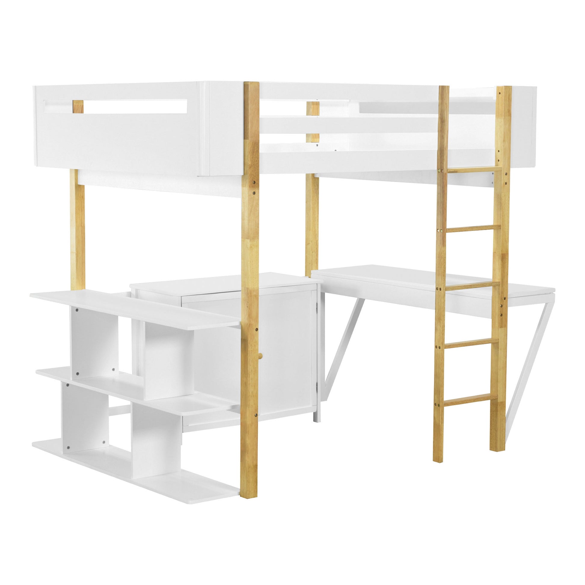 Full Size Wood Loft Bed With Built In Storage Cabinet And Cubes, Foldable Desk, White White Solid Wood Mdf